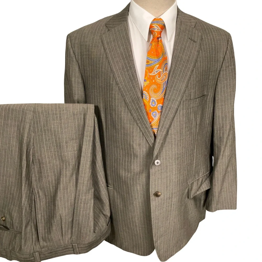 Tom James Suit Men 48R 40W Gray Pinstripe Bespoke Filo A Mano Holland Sherry